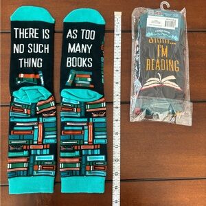 Lot of 2: Lavley Teal Blue & Black Book-Themed Thick Socks Adult one Sz reading
